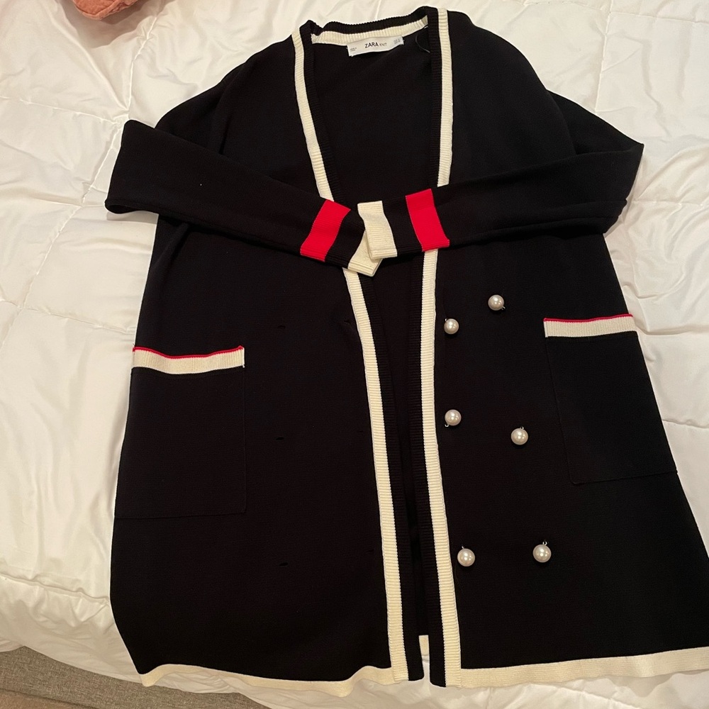 ZARA KNIT black pearl button double breasted long cardigan